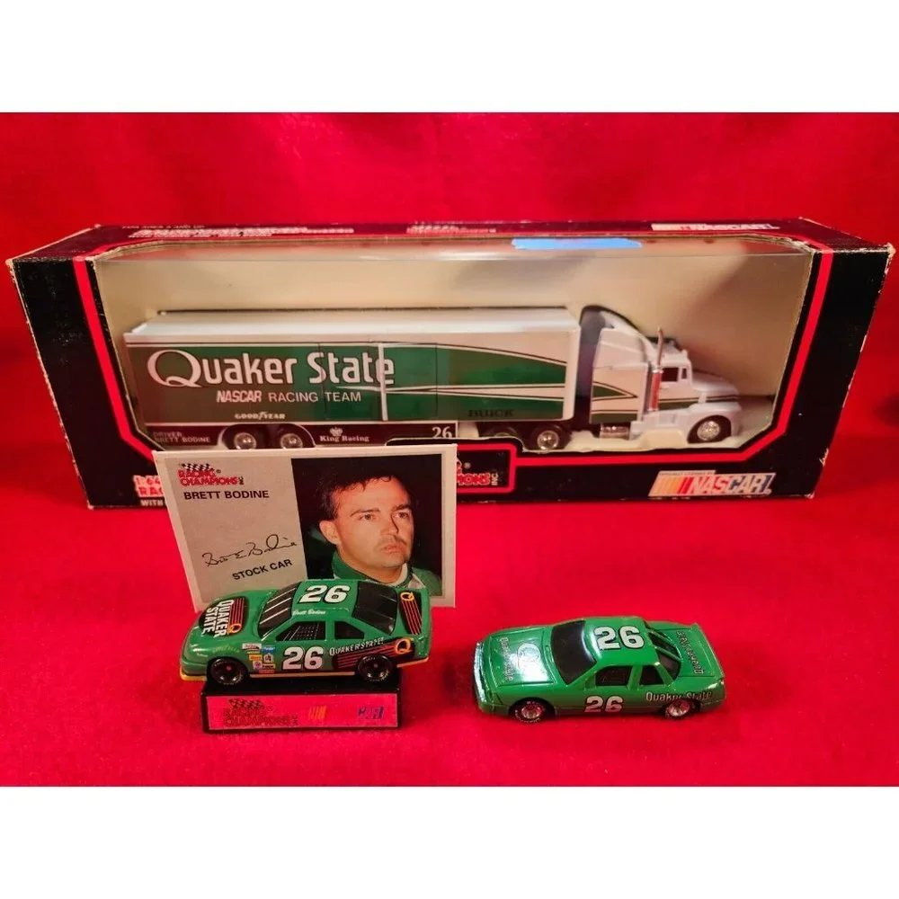 BRETT BODINE NASCAR TRANSPORTER BUNDLE w/MATCHING STOCKCAR & PLAYER CARD